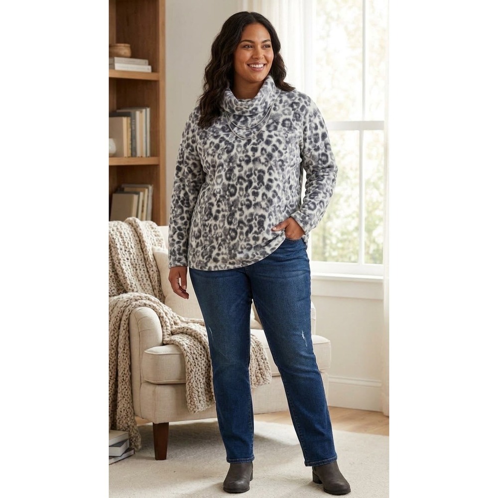 New Directions Studio Pullover Gray Leopard Cowl Neck Women XXL